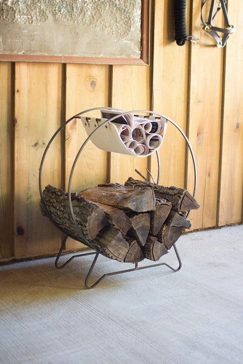 Kalalou Round Log Holder With Canvas Kindling Sling