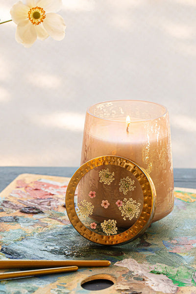 Rosy Rings Watercolor Pressed Floral Candle Rose + Oud Tall