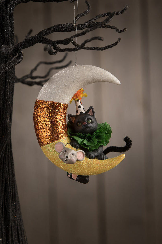 Bethany Lowe Party Kitty on Candy Corn Moon Ornament