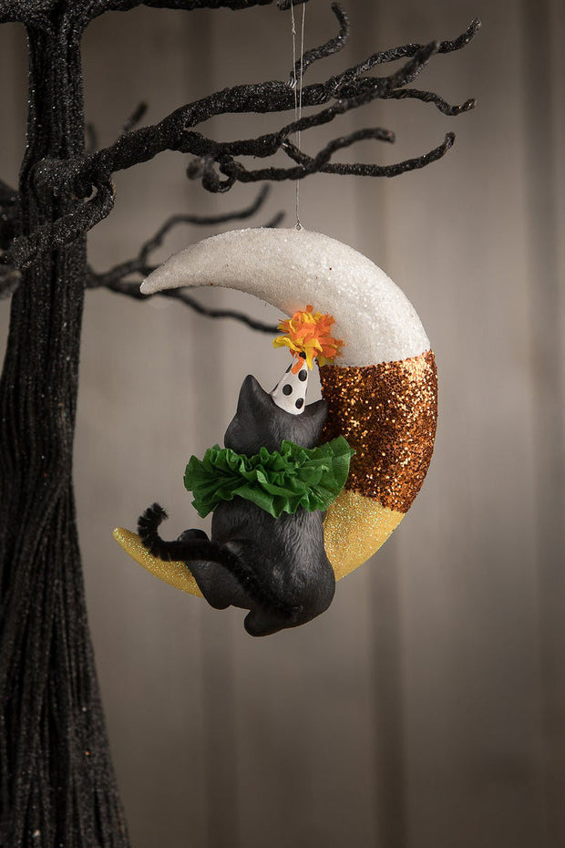 Bethany Lowe Party Kitty on Candy Corn Moon Ornament