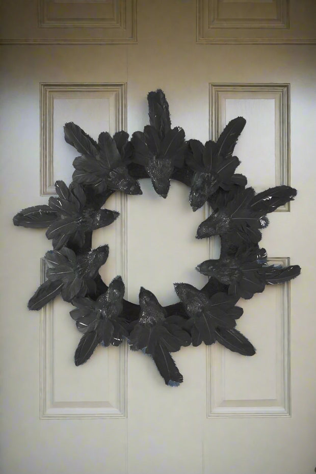 Black Glittered Raven Wreath 24"