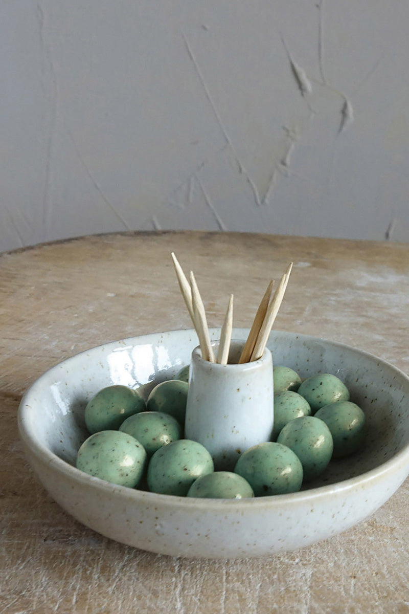 Creative Co-Op Stoneware Dish with Toothpick Holder