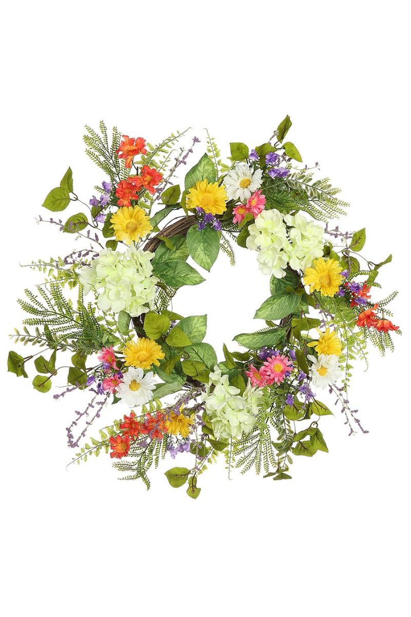 Faux Hydrangea, Daisy and Fern Wreath 24" Mix