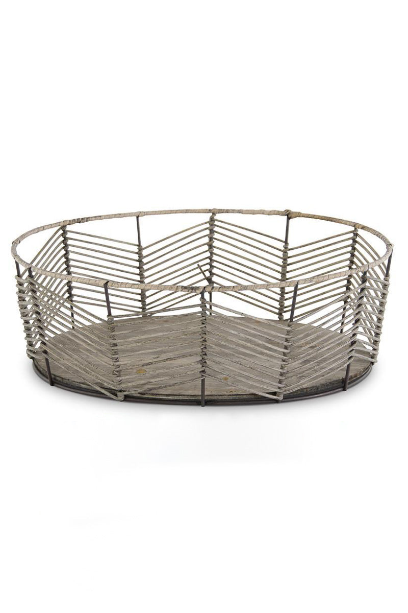 Chevron Pattern Bamboo & Metal Basket Large Oval