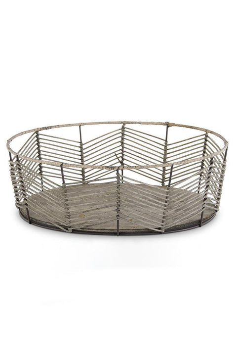 Oval Chevron Pattern Bamboo & Metal Basket | Large