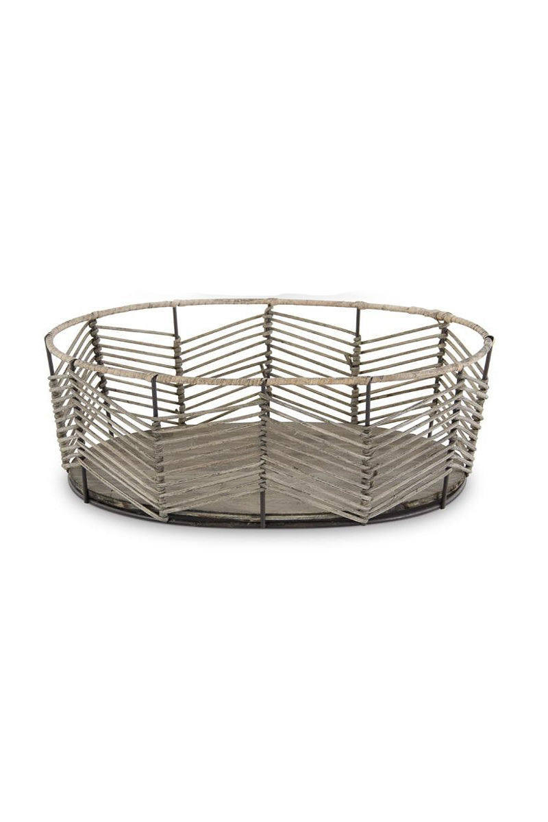 Chevron Pattern Bamboo & Metal Basket Small Oval