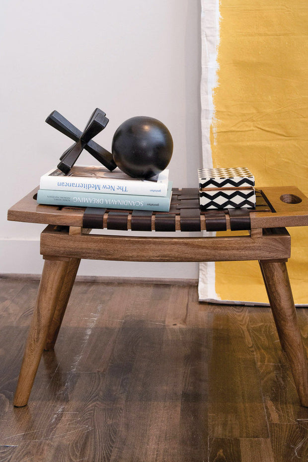 Mango Wood and Leather Stool with Handles