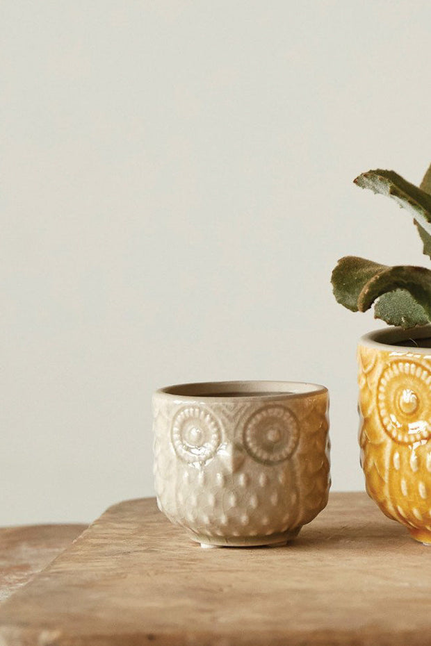 Decorative Stoneware Owl Pot | Small Ivory