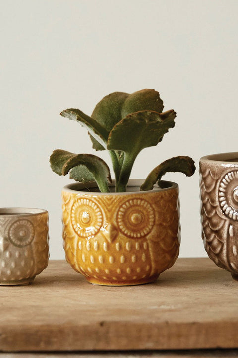 Decorative Stoneware Owl Pot | Medium Mustard