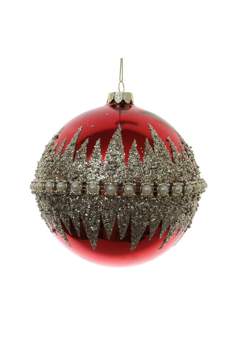 Glitter Pearl Band Ball Ornament 4.75" Red Gold