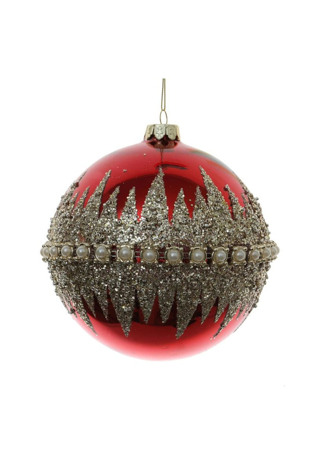 Glitter Pearl Band Ball Ornament 4.75" Red Gold