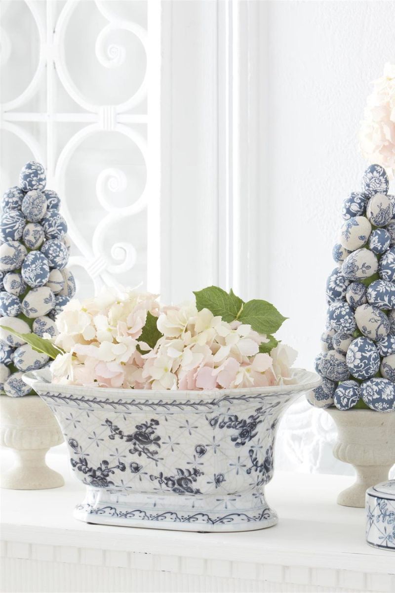 Ceramic Floral Oval Fluted Bowl 13" Blue & White