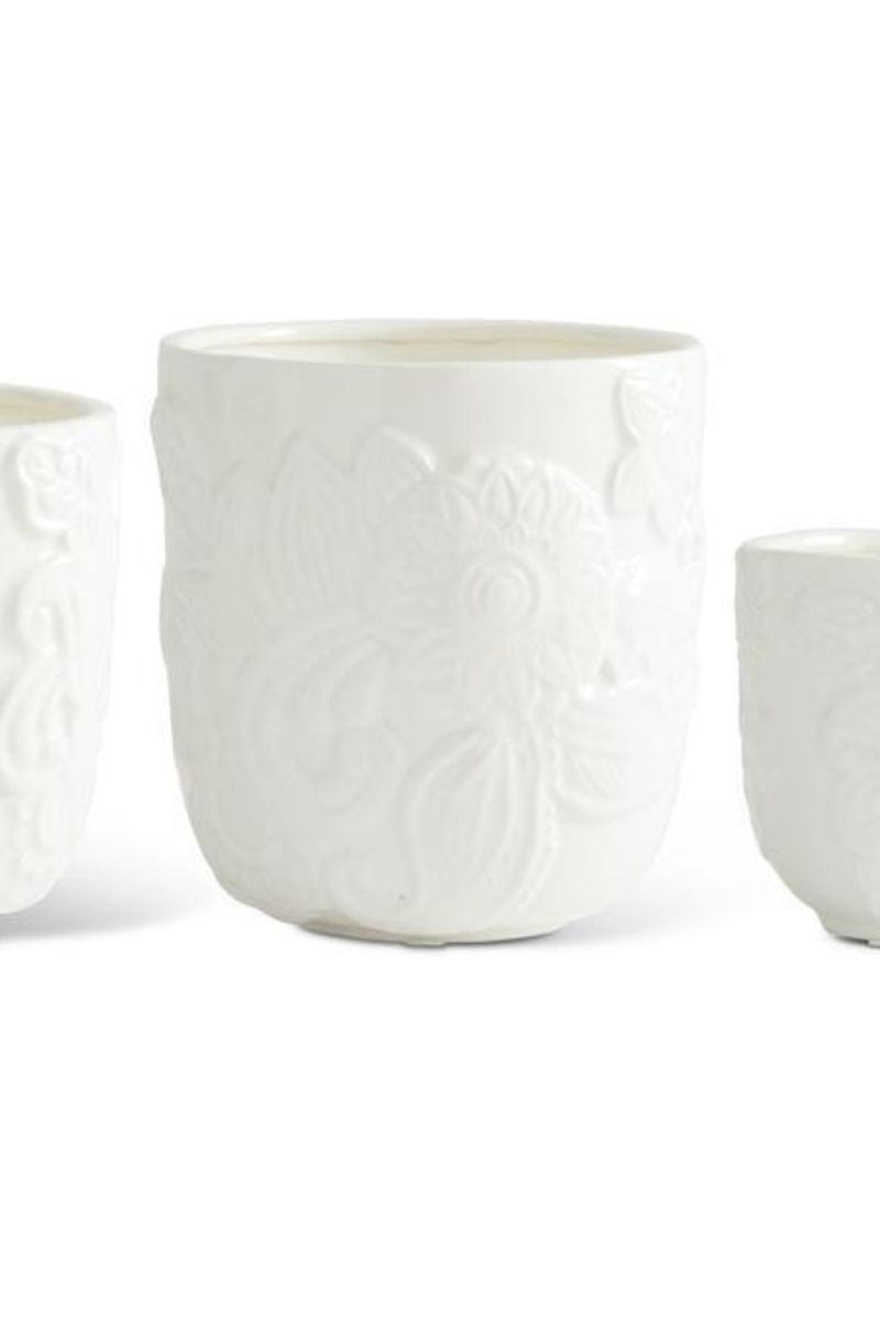 Ceramic Raised Floral Planter 8" White