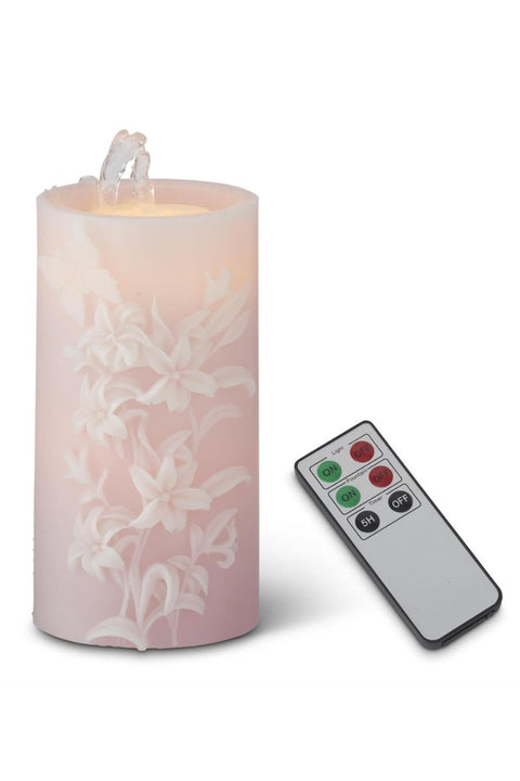 CANDLE PINK WATER LED LILY/BUTTERFLY EMB PILLAR W/TIMER 7.75"