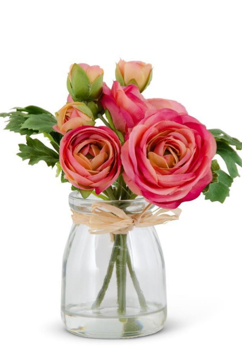 Faux Ranunculus Bouquet in Glass Vase 6.75" Pink