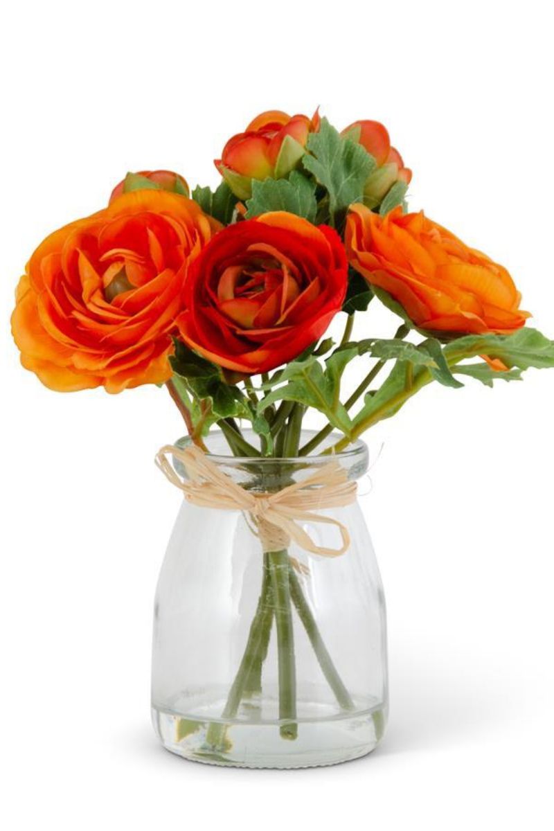 Faux Ranunculus Bouquet in Glass Vase 6.75" Orange