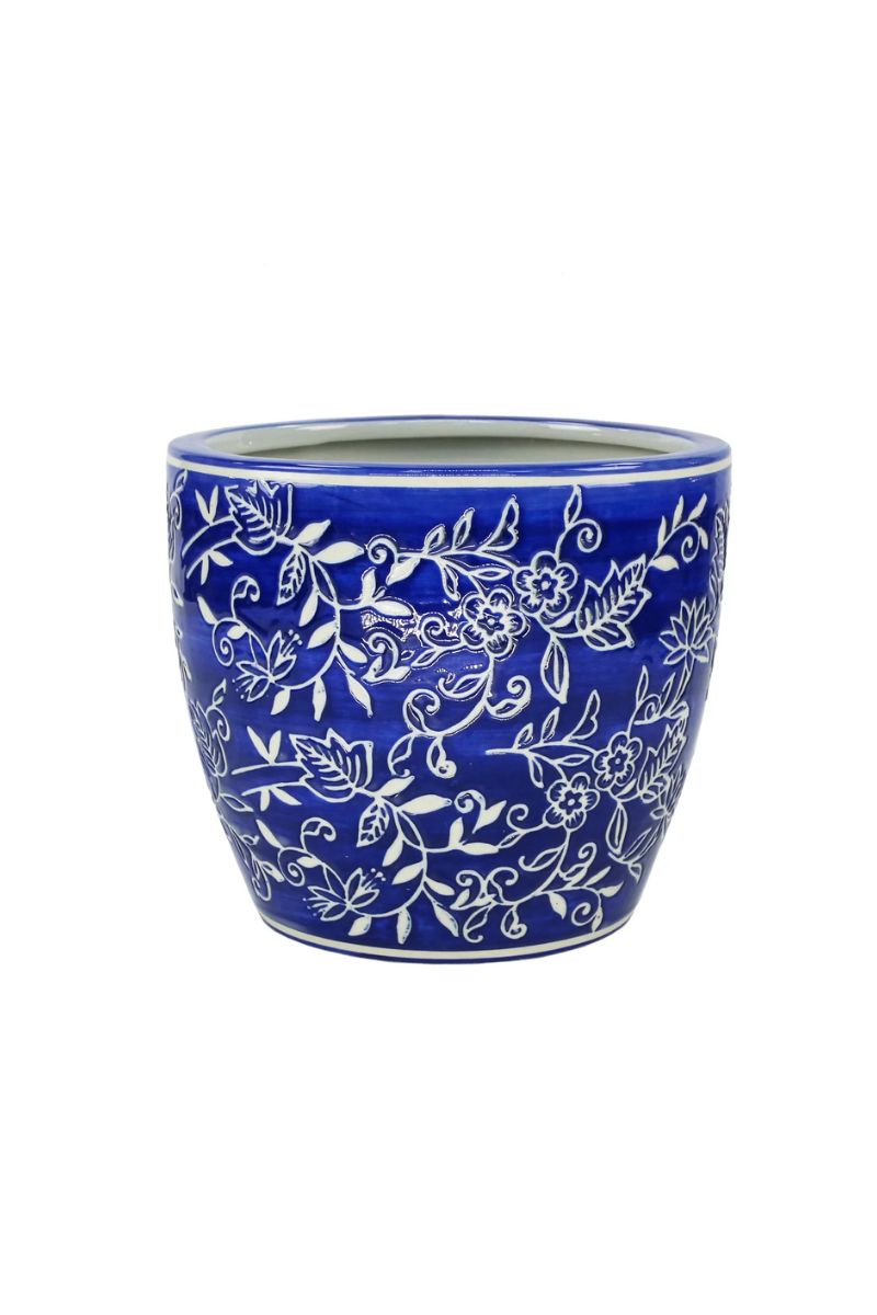 Blue White Floral Cache Pot 8"x 7" Blue White