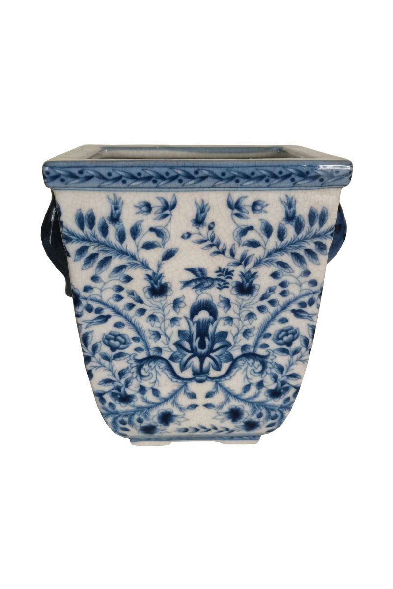 Handled Cache Pot 9"x 9" Blue White