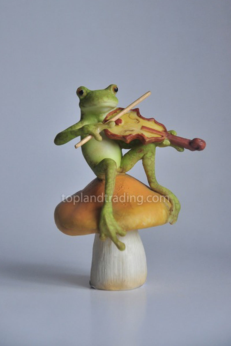 Miniature Garden Frog Playing Fiddle On Mushroom