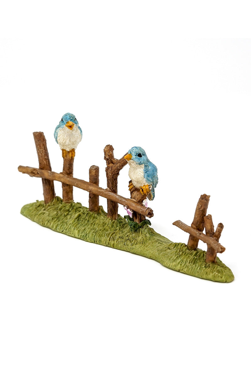 Miniature Garden Birds On Fence