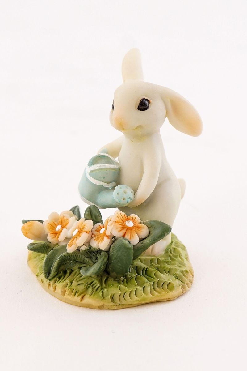 Miniature Garden Bunny Gardener Watering the Flower Bed