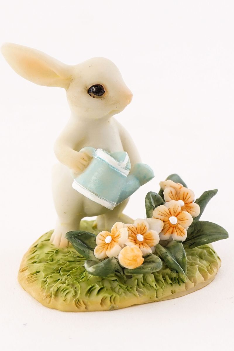 Miniature Garden Bunny Gardener Watering the Flower Bed