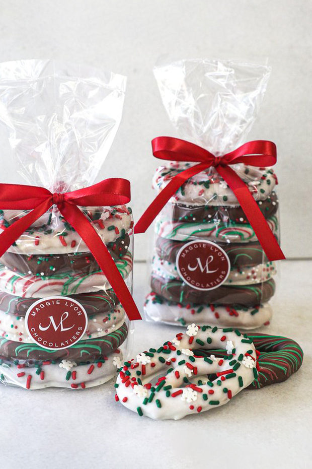 Milk And White Chocolate Covered Pretzels With Holiday Decorations 7 Piece