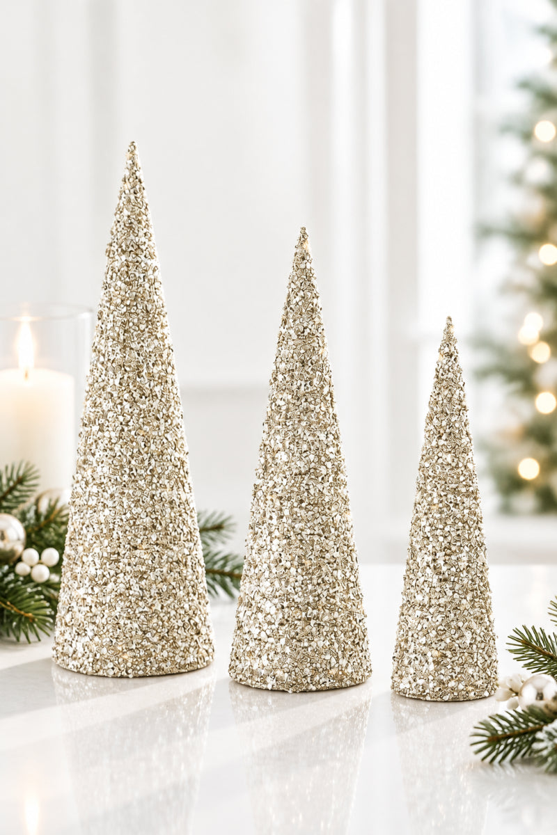 Sequins and Bead Embellished LED Cone Tree Medium Champagne