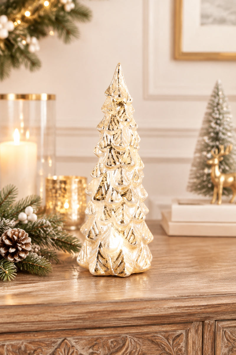 Glittered Mercury Glass LED Tree Medium Silver