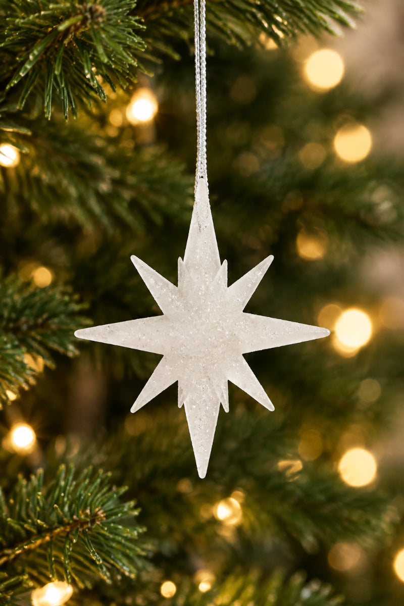 Nine Point Glitter Star Ornament 2" White