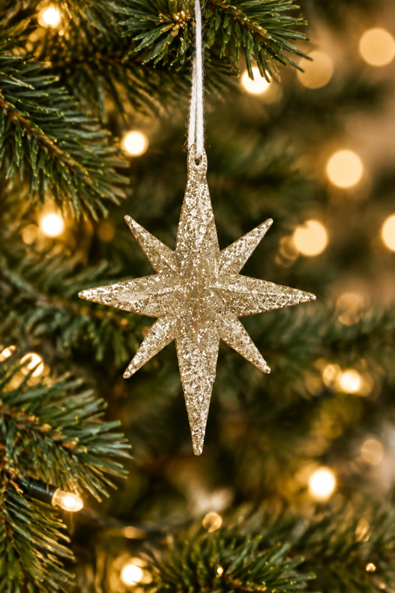 Nine Point Glitter Star Ornament 2" Champagne