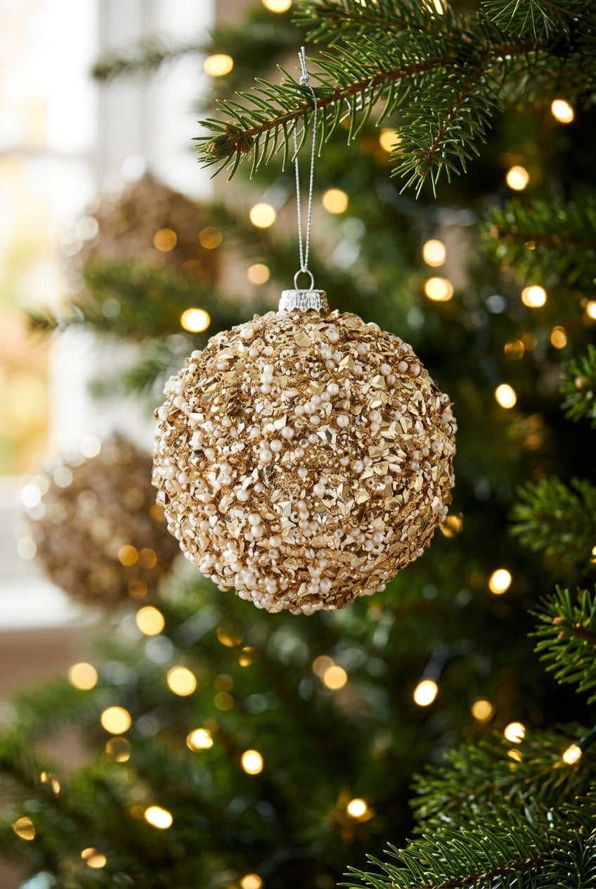 Champagne Sequins & Bead Embellished Shatterproof Ornament 5"