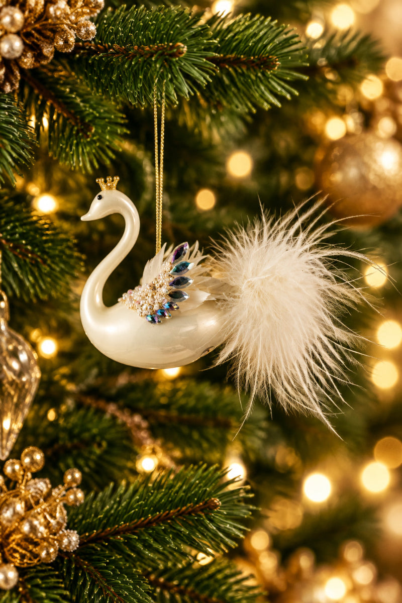 Glass Swan Ornament with Faux Feathers, Iridescent Jewels, Beads & Crown, White
