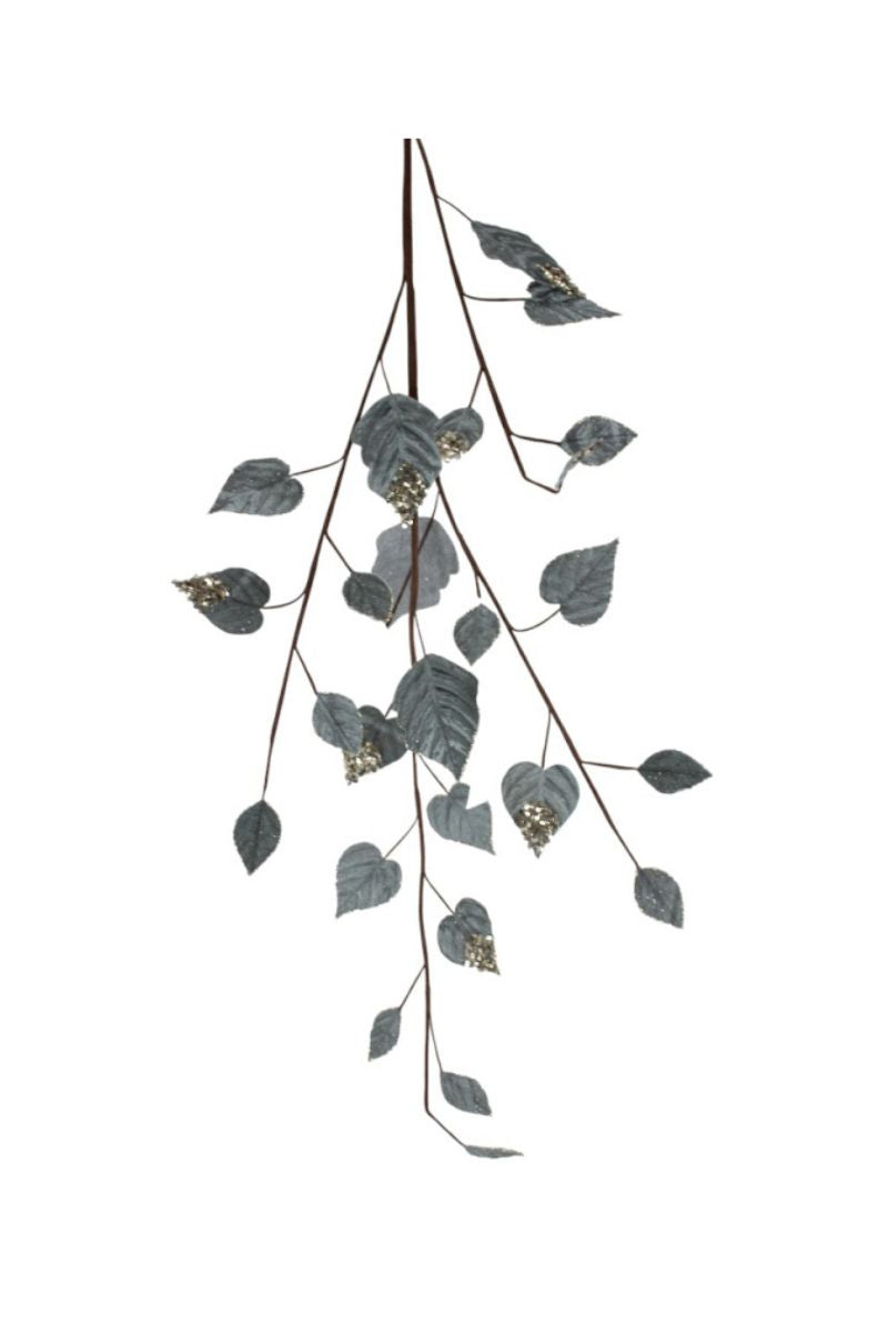 Faux Glittered Velvet Hydrangea Leaf 39" Blue Grey