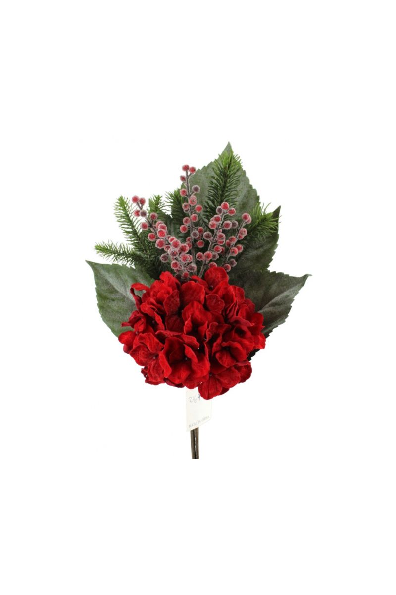 Faux Hydrangea Berry Pine Pick 19" Red & Green