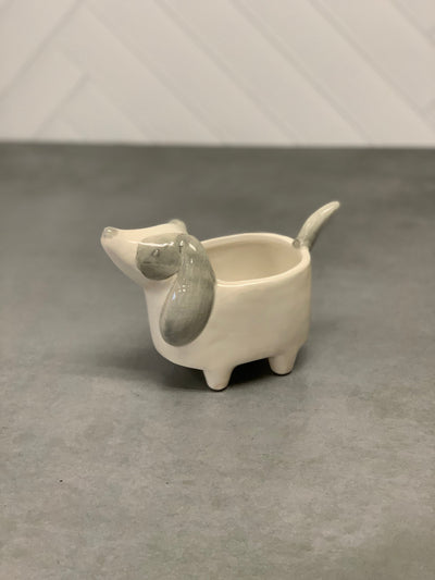 PLANTER CERAMIC DOG WHT/GREY