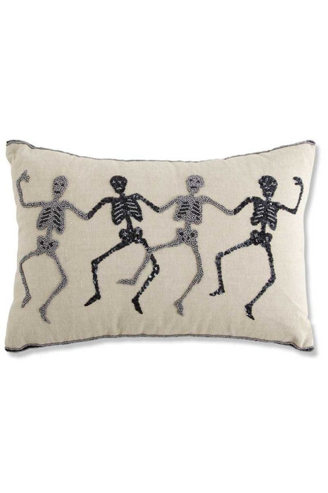 Tan Rectangle Halloween Pillow with Beaded Skeletons 18"