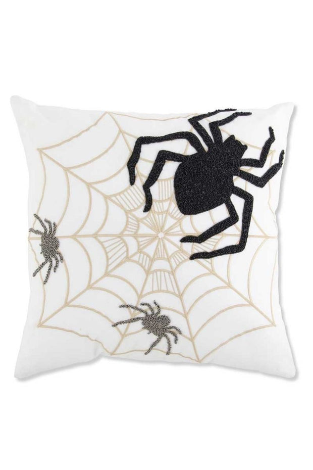 White Halloween Pillow with Embroidered Spiders and Web 18"