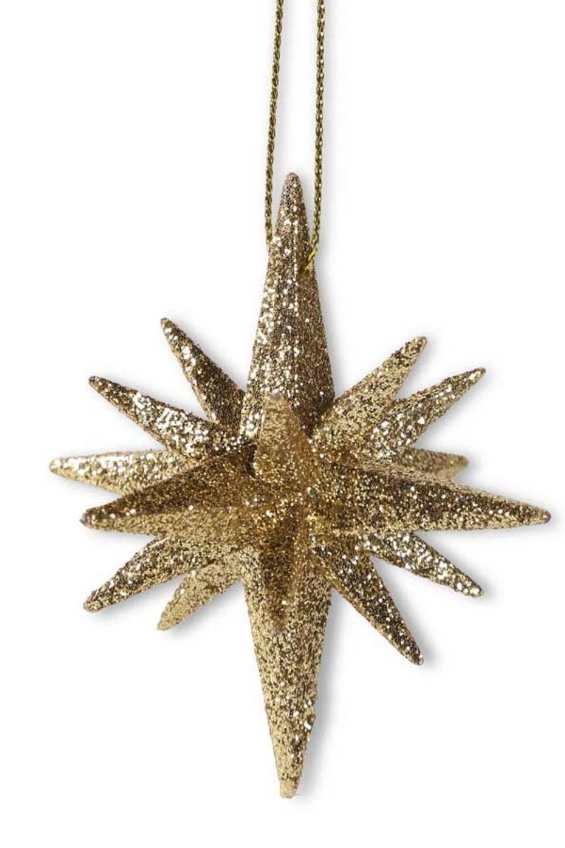 Nine Point Glitter Star Ornament 2" Gold