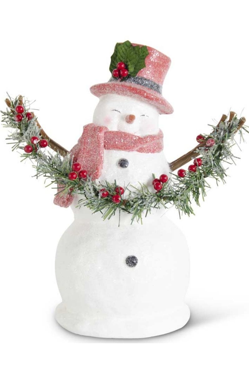 Glittered Snowman Holding Garland Wearing Red Hat 13.75"