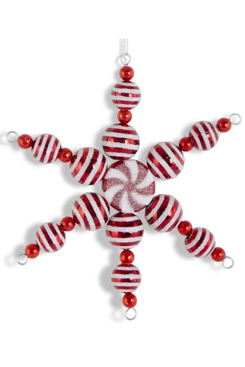 Glitter Ball Snowflake Ornament with Peppermint Stripes 6.75" Red & White