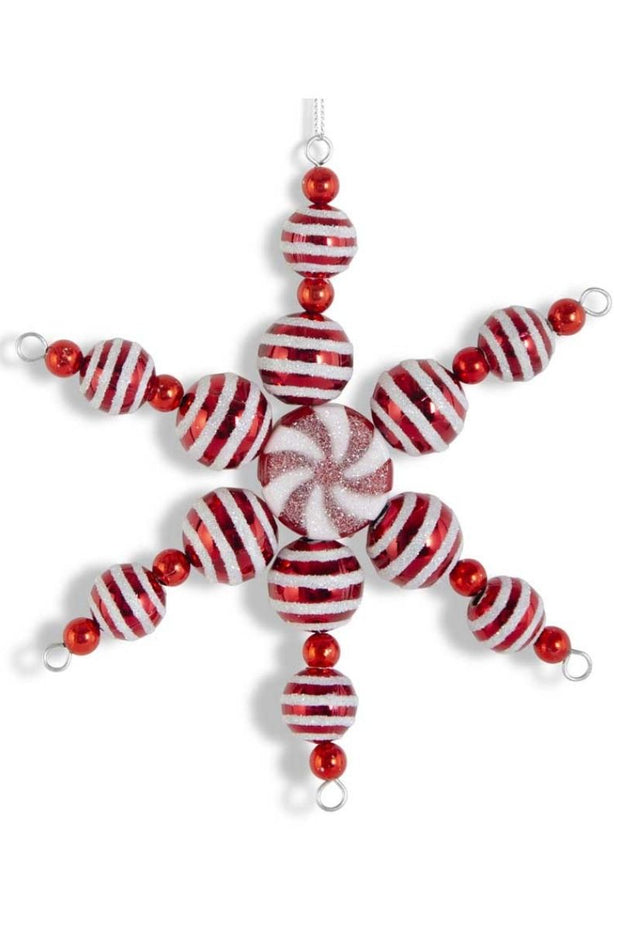 Red and White Glitter Ball Snowflake Ornament with Peppermint 6.75"