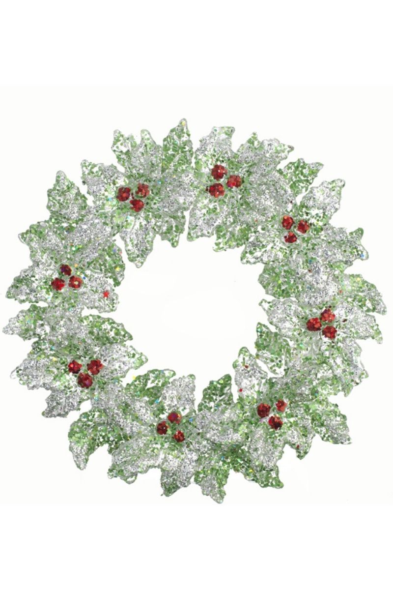 Glittered Holly Wreath Ornament 5.25" Green
