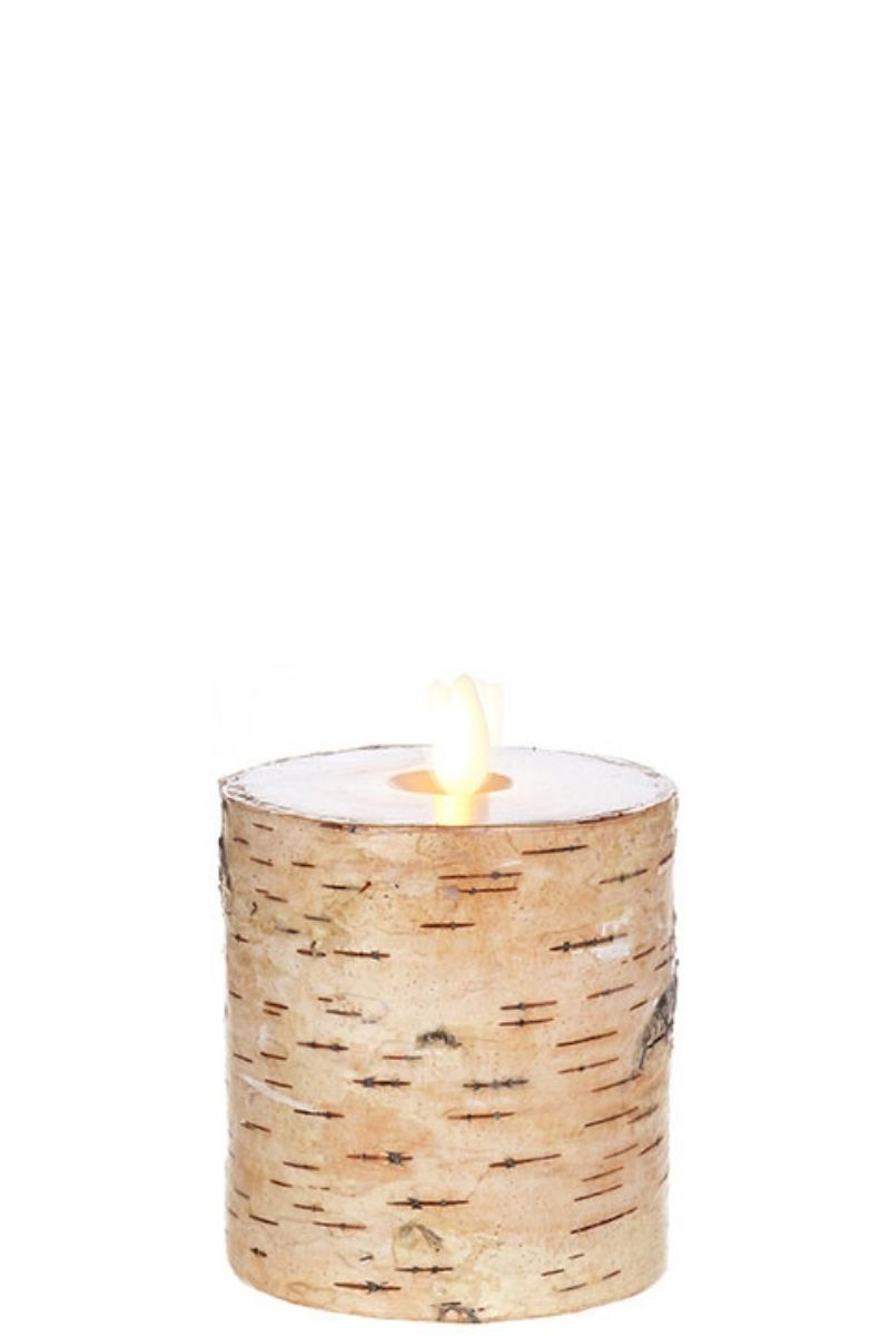 Moving Flame Pillar Birch Wrapped Candle 3.25"x 4"