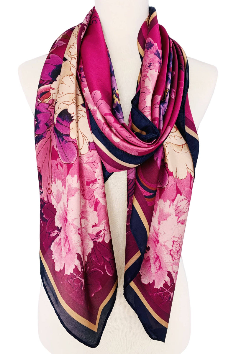 Silk-Feeling Peony Scarf Fuchsia/Multi