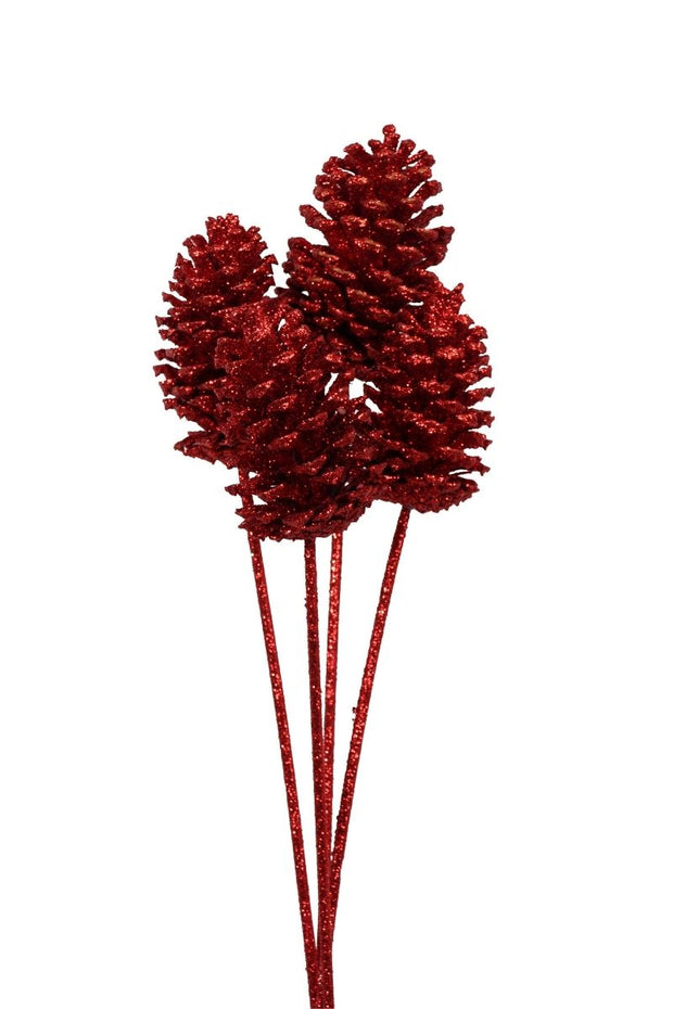 Dried Pine Cones Medium 7-10 cm 4 Stem Red Glitter