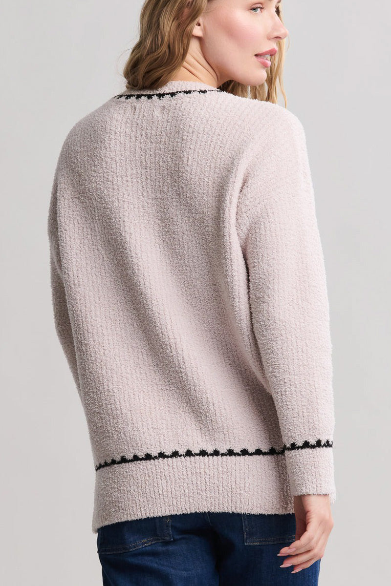 CozyChic Ribbed Sweater With Blanket Stitch Extra Small Stone