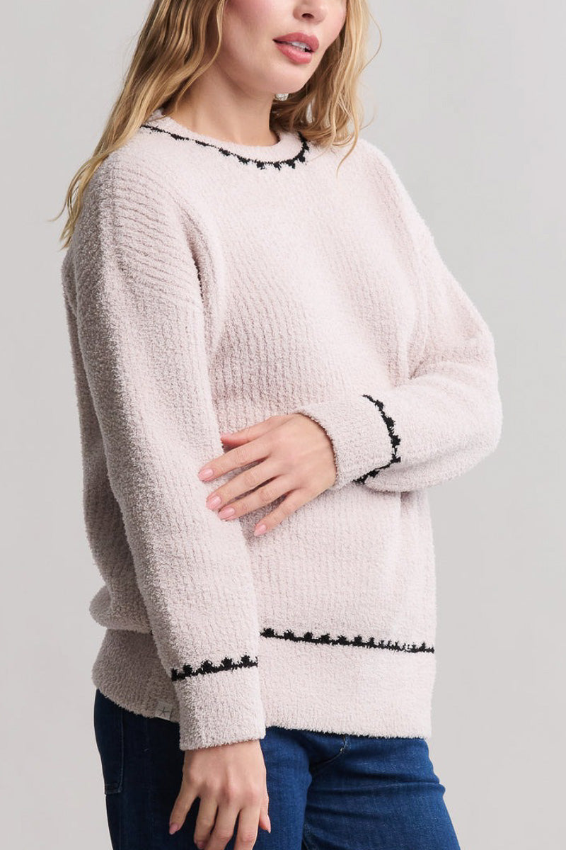 CozyChic Ribbed Sweater With Blanket Stitch Extra Small Stone