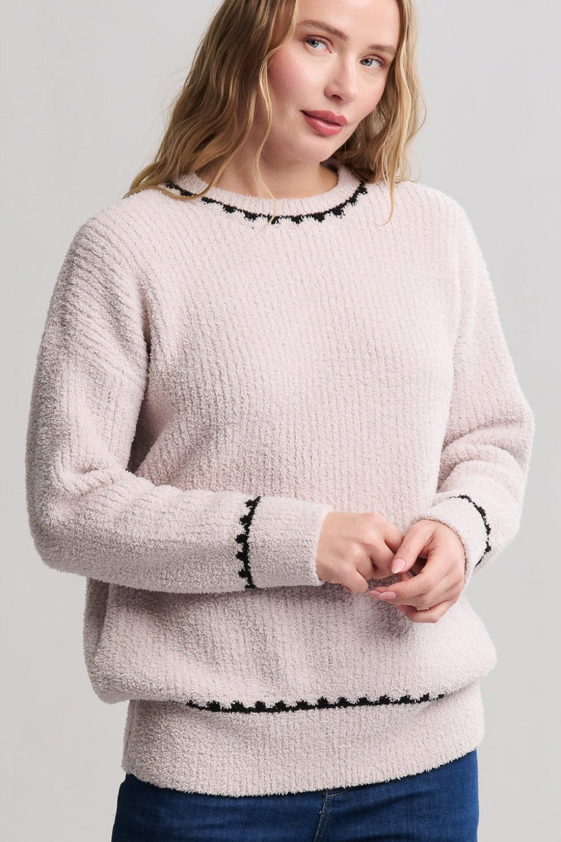 CozyChic Ribbed Sweater With Blanket Stitch Extra Small Stone