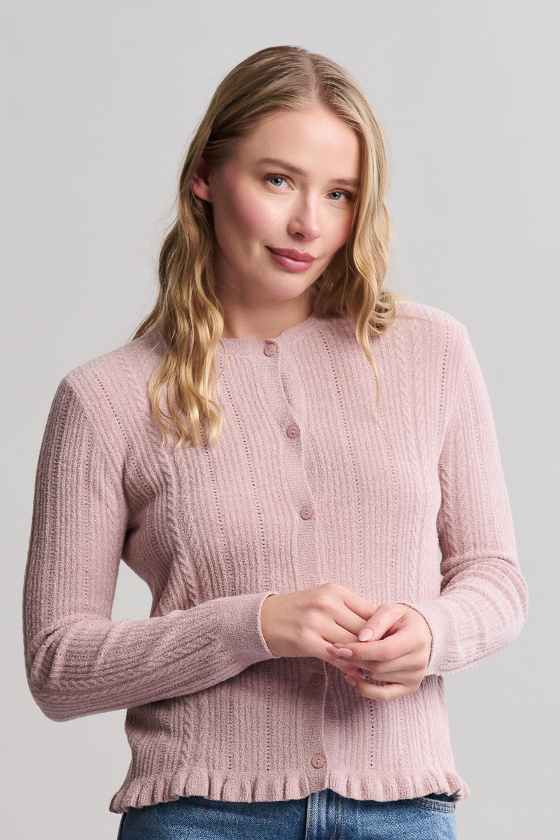 Cozy Chic Ultra Lite Knit Cardigan With Ruffle Small Teaberry